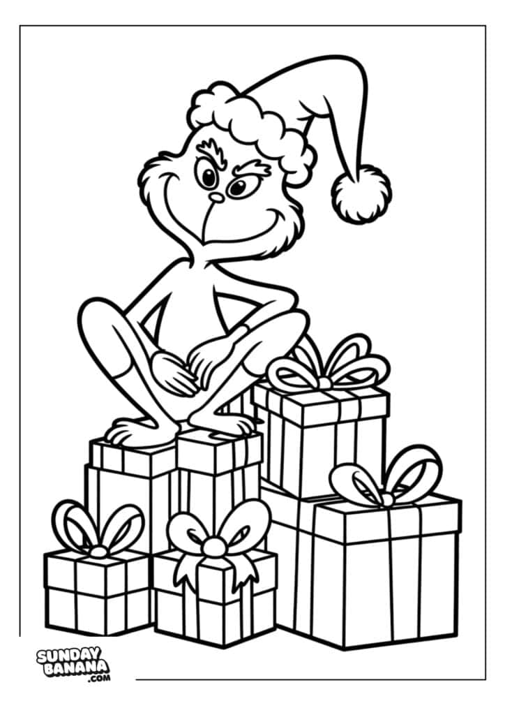 A cartoon character with fur, a Santa hat, and a sly grin squats on top of a pile of wrapped Christmas presents with bows. The scene is outlined for coloring. The SundayBanana.com logo is in the bottom left corner.