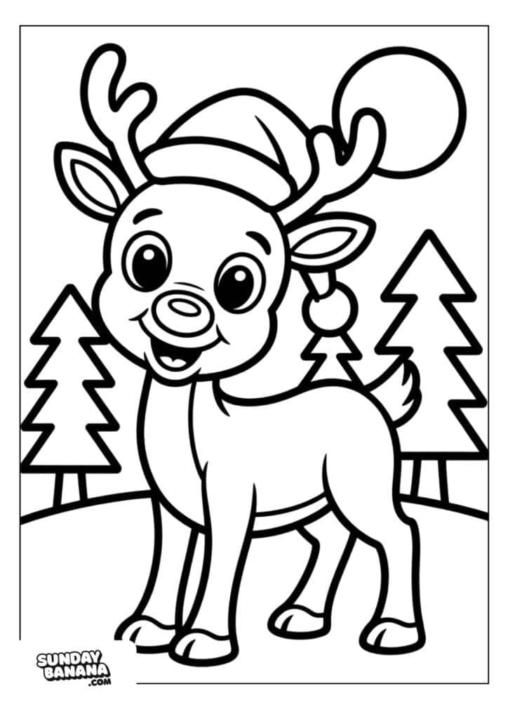 A cartoon reindeer wearing a Santa hat stands smiling in a snowy landscape with two pine trees and a large sun or moon in the background. The image is black-and-white, designed as a festive coloring page for children.