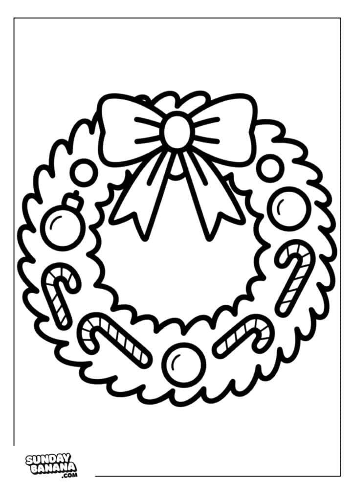 A black-and-white coloring page of a festive wreath with a large bow at the top, decorated with ornaments and four candy canes. The wreath is circular and simple, with bold outlines and small details. “SUNDAYBANANA.COM” appears in the bottom left corner.
