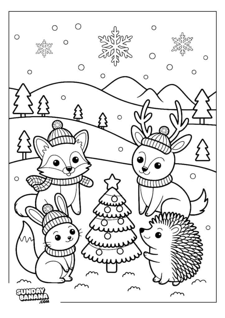 Four cute animals—a fox, deer, rabbit, and hedgehog—wear winter hats and scarves, gathered around a decorated Christmas tree in a snowy landscape with hills, trees, falling snow, and large snowflakes in the sky.