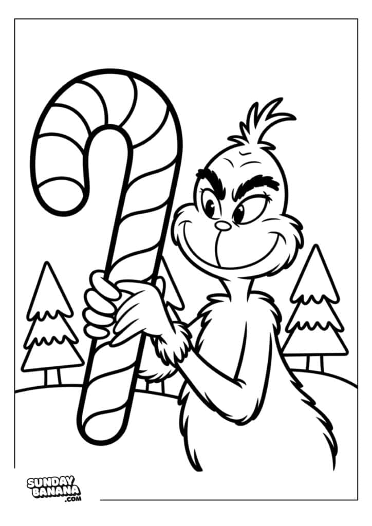 A smiling Grinch holds a large striped candy cane in both hands. He stands outdoors in front of snow-covered hills and three pine trees. The image is a coloring page with bold outlines, and the Sunday Banana logo appears in the bottom left corner.