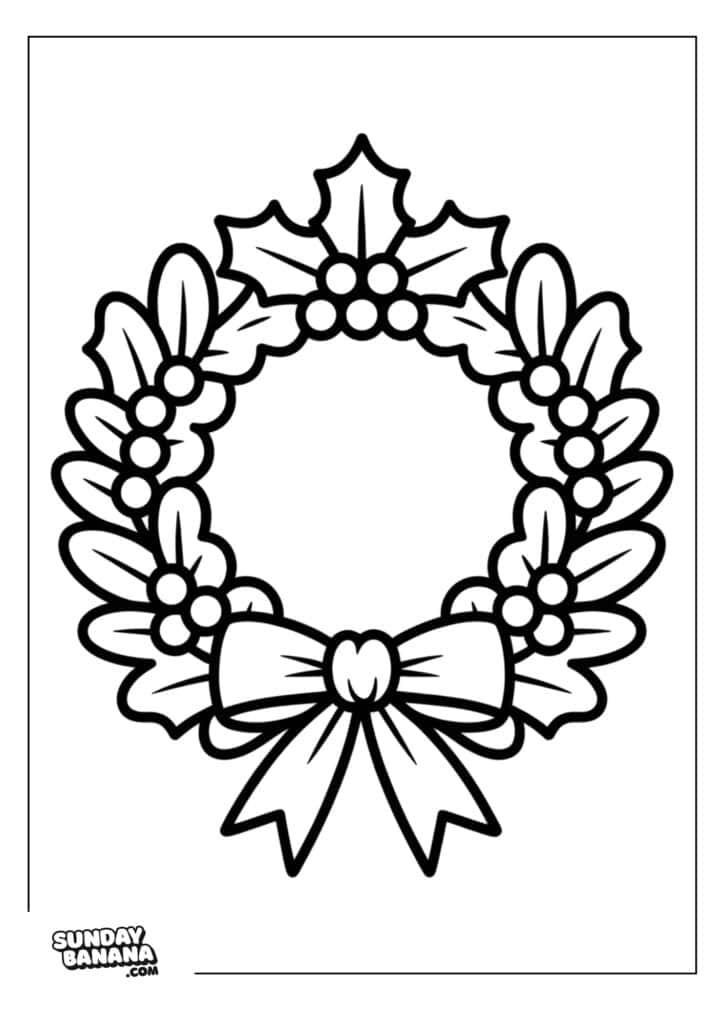 A black-and-white outline drawing of a Christmas wreath decorated with holly leaves, berries, and a large ribbon bow at the bottom. The image is simple, with bold lines, and ready for coloring. The SundayBanana.com logo is in the lower left corner.