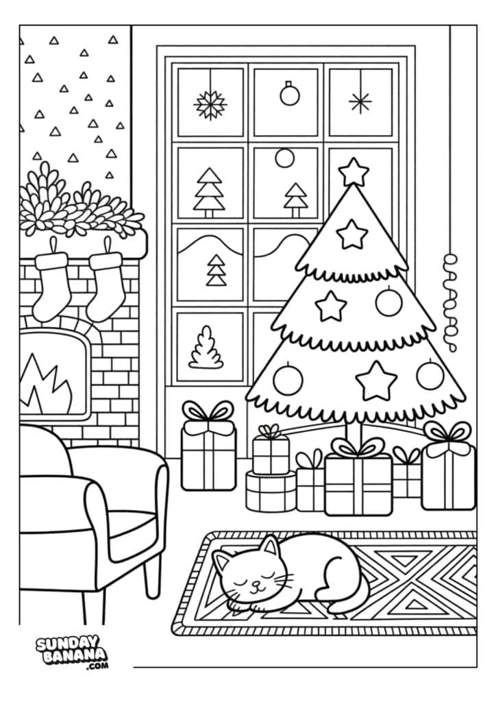A cozy living room with a Christmas tree decorated with ornaments, surrounded by wrapped gifts. A cat sleeps on a rug in front of the tree. There’s a fireplace with stockings and a chair nearby. The window shows winter-themed decorations.