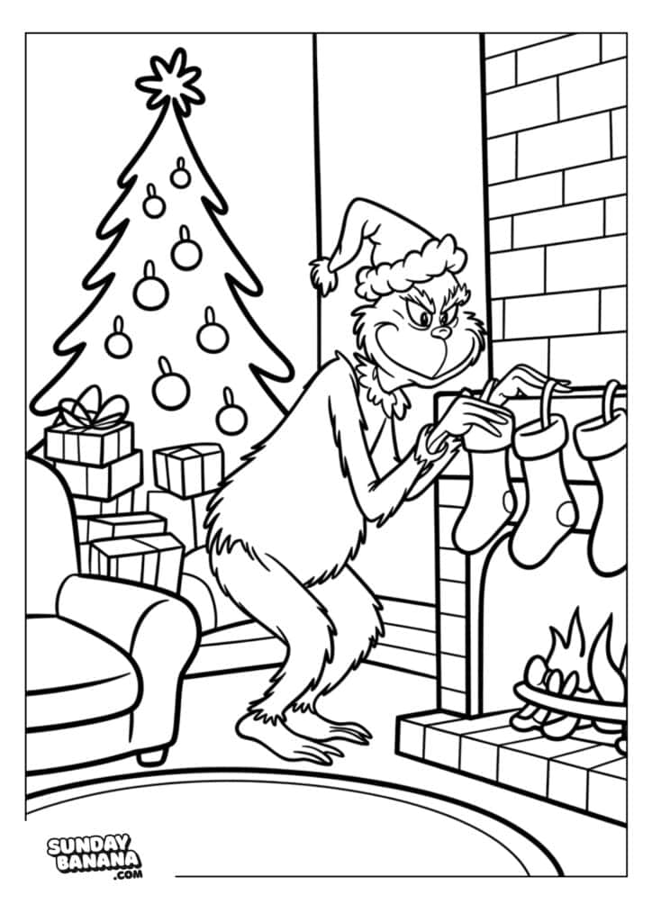 A mischievous Grinch wearing a Santa hat sneaks by a fireplace, reaching for stockings. A decorated Christmas tree with ornaments and gifts sits nearby. The room is cozy with a lit fire, brick mantle, and armchair. The scene is in black and white.