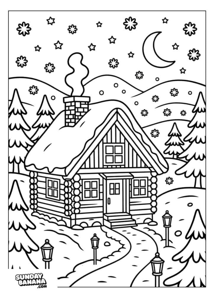 A cozy log cabin with a smoking chimney sits among snowy hills, pine trees, and lamp posts under a starry night sky with a crescent moon. Snow covers the roof and ground. “SUNDAY BANANA” is written in the bottom left corner.