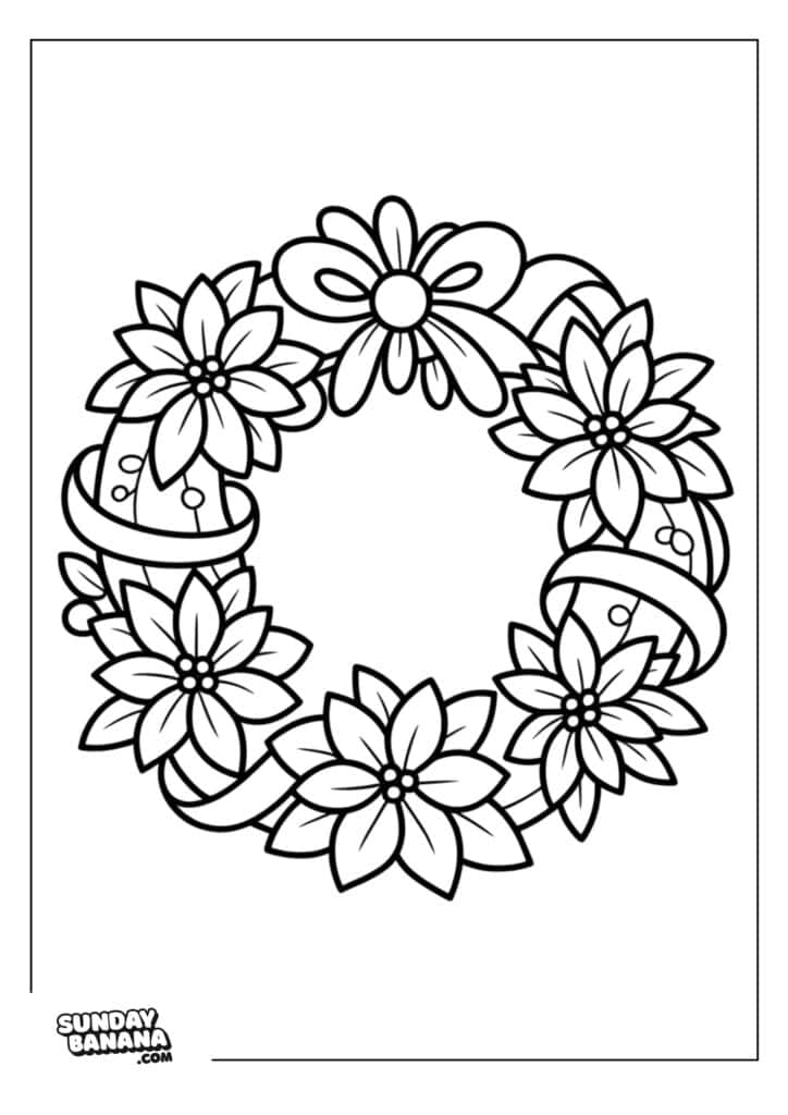 A black and white coloring page of a holiday wreath decorated with five poinsettia flowers, a ribbon woven throughout, and a large bow at the top. The design is outlined in bold lines and has a simple border around the page.