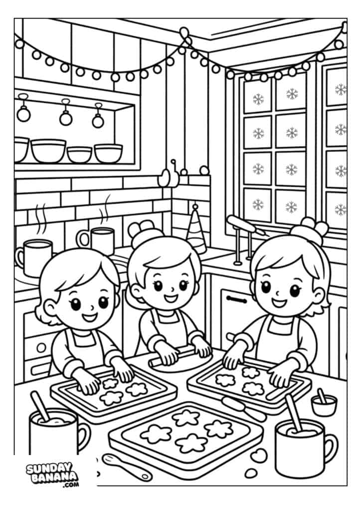 Three smiling children wearing aprons make cookies in a cozy kitchen decorated with string lights. Snow falls outside the window. Mixing bowls, mugs, and cookie trays with star-shaped cookies are on the counter. Shelves hold cups and plates.