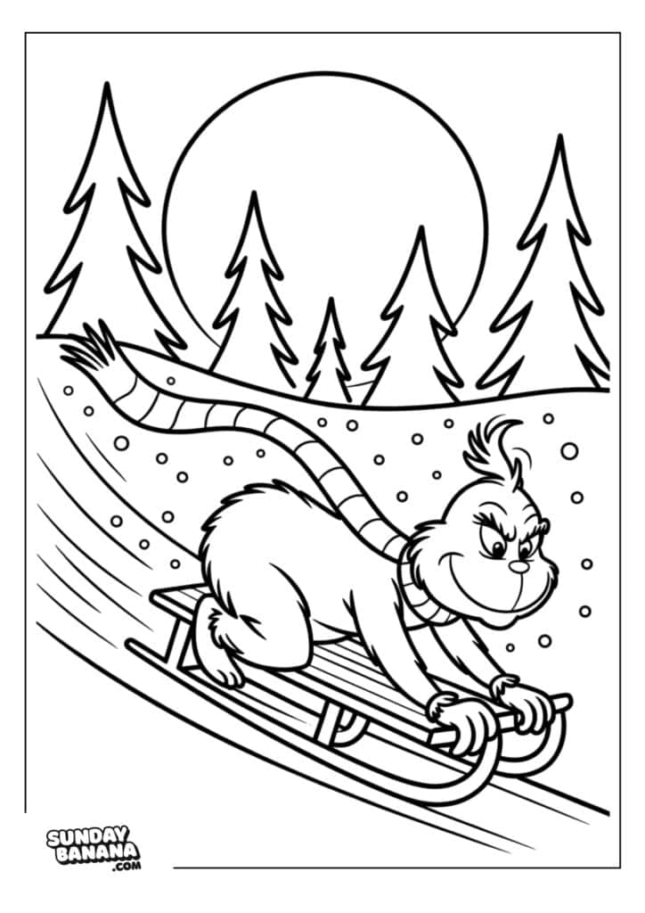 A grumpy character, the Grinch, with a scarf fluttering behind him, rides a sled down a snowy hill. Pine trees and a large moon or sun are in the background, and snowflakes fall around him. The scene is outlined for coloring.