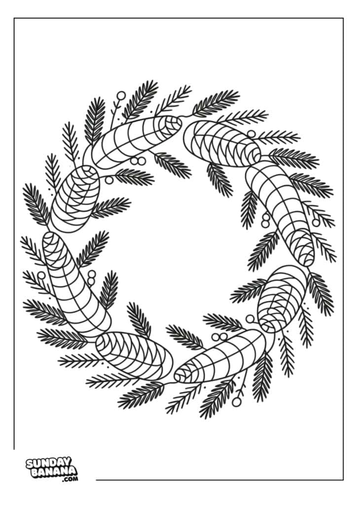 A black-and-white coloring page features a circular holiday wreath made of pinecones and pine branches, decorated with small round berries. The design is simple and outlined, with the SundayBanana.com logo in the bottom left corner.