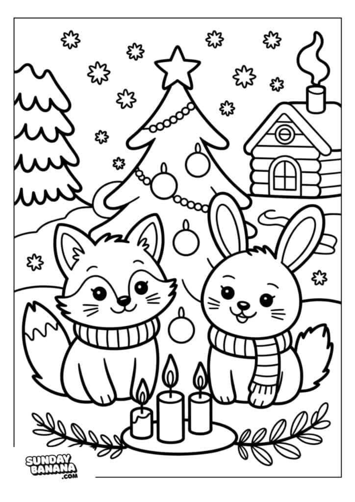 A cute fox and bunny, both wearing scarves, sit together in front of three lit candles. Behind them are a decorated Christmas tree, a snowy log cabin with smoke, pine trees, and falling snowflakes, creating a cozy winter holiday scene.