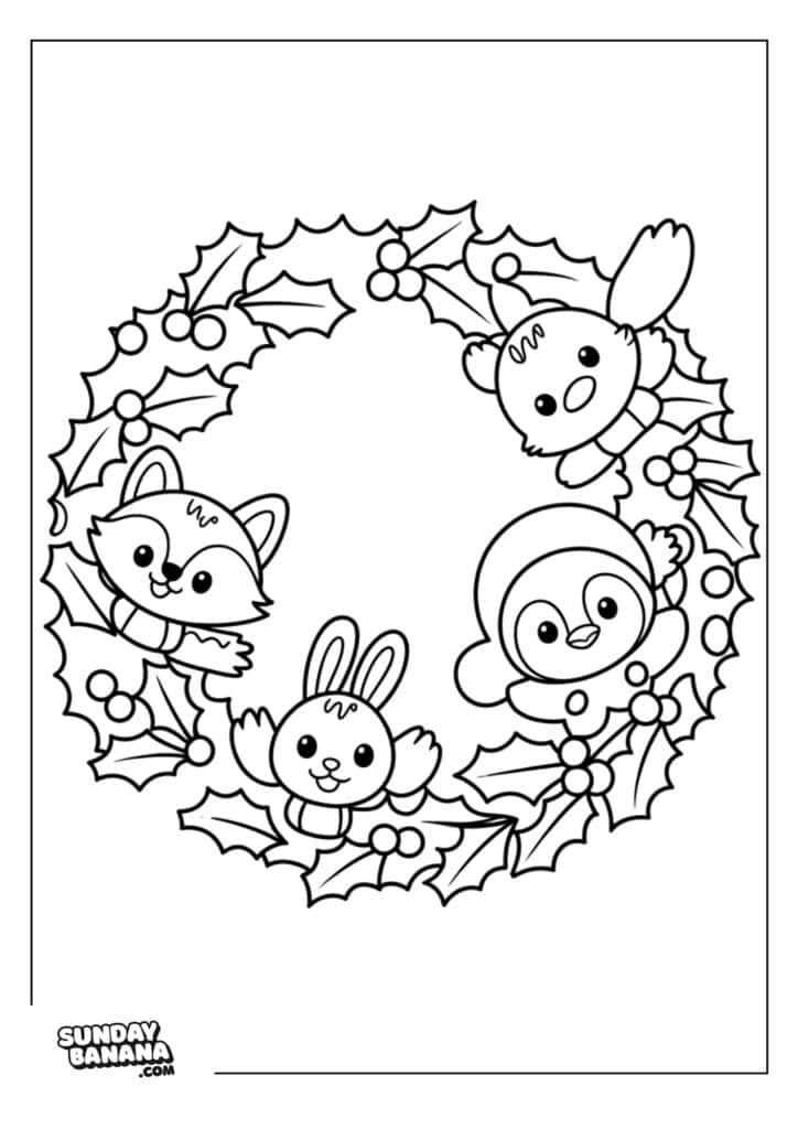 A holiday wreath decorated with holly leaves and berries, featuring a fox, bunny, bird in a Santa hat, and penguin, all smiling and peeking through the wreath. The image is outlined for coloring. Sunday Banana is written in the bottom left corner.