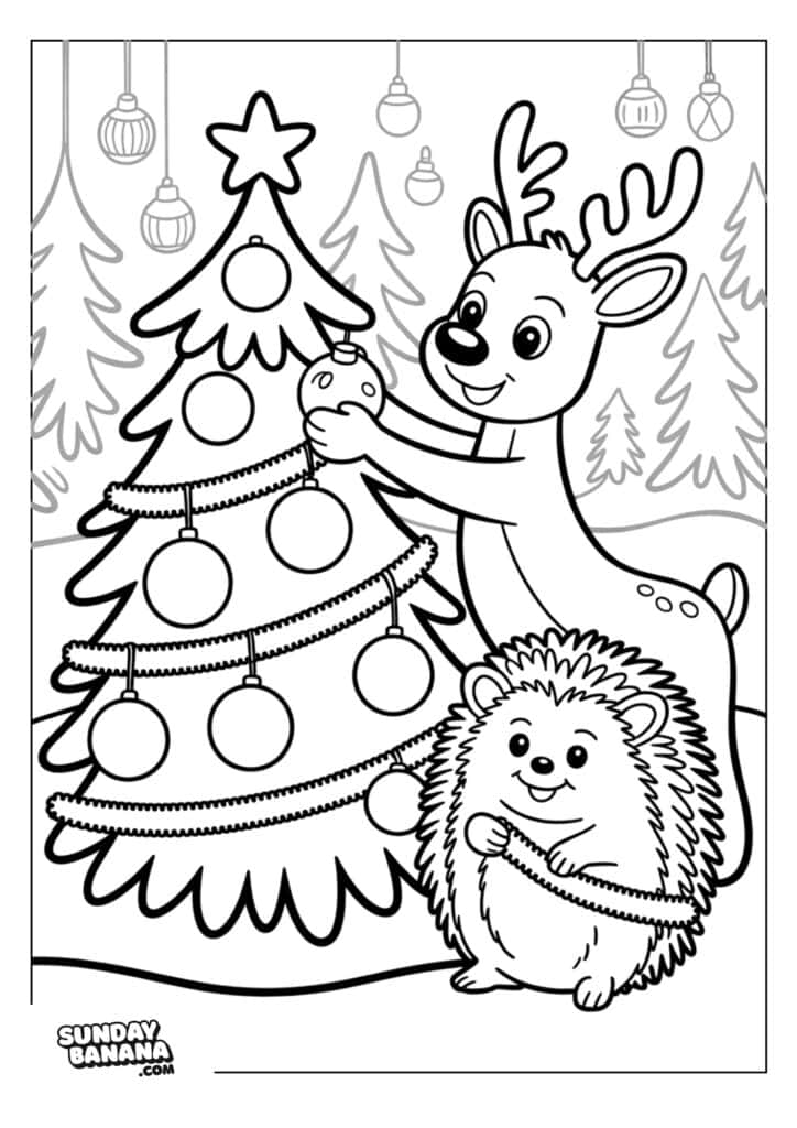 A happy reindeer decorates a Christmas tree with ornaments and garland. A smiling hedgehog stands nearby. The background features pine trees and hanging baubles. The scene is festive and cheerful, designed in a cartoon style for coloring.