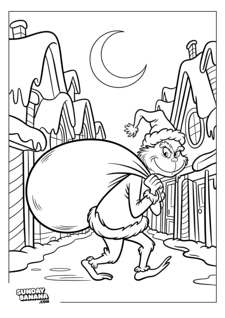 The Grinch, wearing a Santa hat and suit, sneaks through a snowy village at night, carrying an oversized sack. Curved houses with snow-covered roofs line both sides of the street, and a crescent moon is visible in the sky.