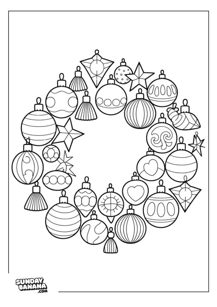 Black and white line drawing of a circular holiday wreath made of various Christmas ornaments, including baubles, stars, hearts, and geometric shapes, each with unique patterns. The image is framed and has the Sunday Banana logo at the bottom left.