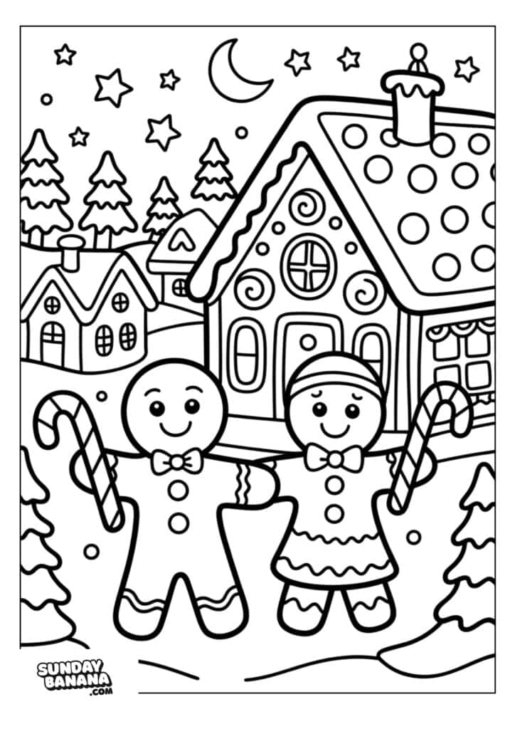 Two smiling gingerbread figures, one in a dress and one in a bowtie, stand outdoors holding candy canes. They are in front of a large candy-decorated house, with snowy trees, smaller houses, and a crescent moon in the background. Snowflakes fall around them.
