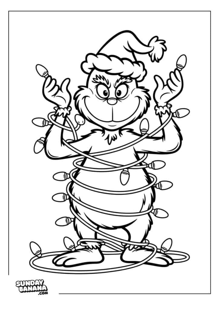 A cartoon character wearing a Santa hat stands smiling, wrapped from head to toe in a long string of Christmas lights. The lights are tangled around its body, arms, and feet. The character has fluffy fur and is standing upright, holding the lights with both hands.