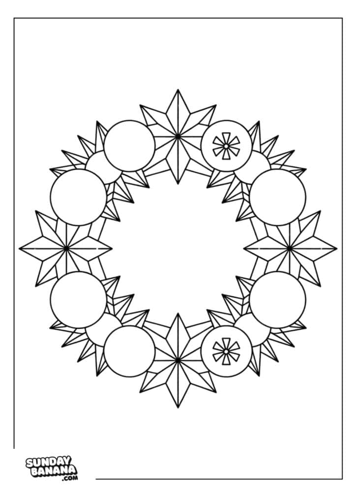 Black-and-white coloring page of a holiday wreath made of alternating stars and circles, with some circles featuring snowflake designs. The wreath has a simple, geometric style and is centered on a plain background with a thin border.