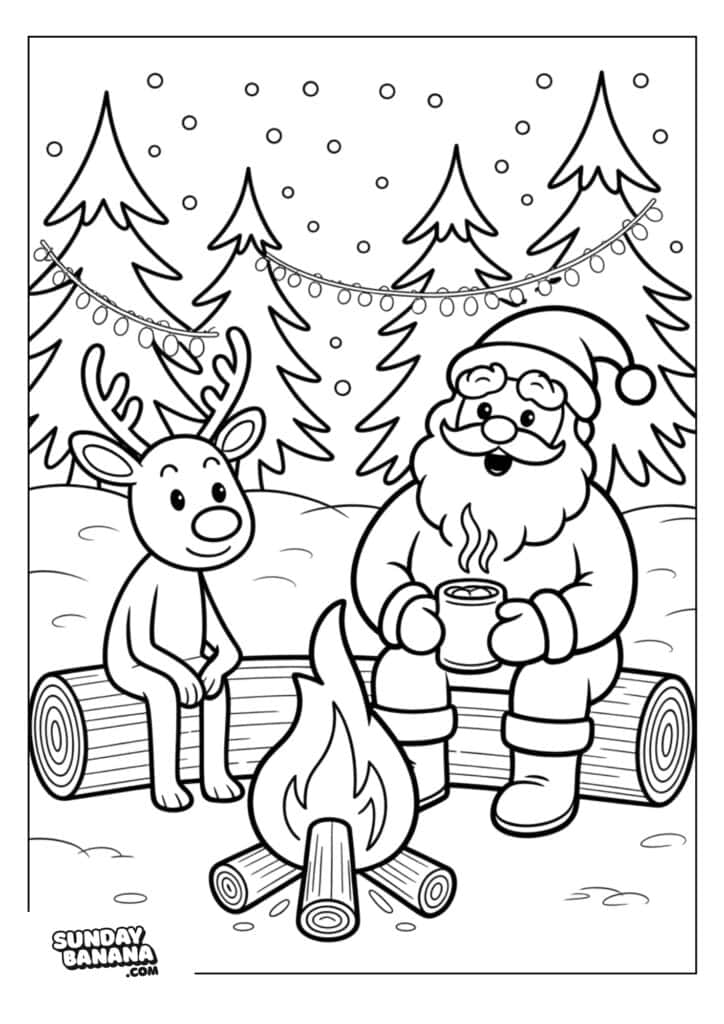 Santa Claus and a reindeer sit on logs around a campfire in a snowy forest. Santa holds a mug, and both look happy. Decorated pine trees with string lights and falling snow fill the background. The scene is outlined for coloring.