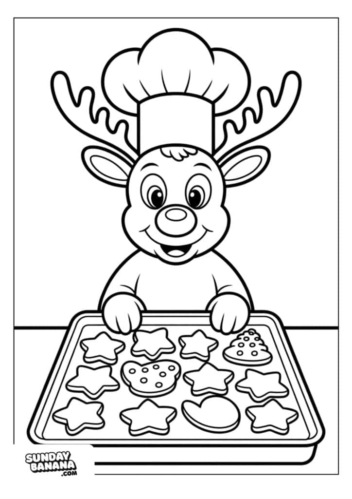A cartoon reindeer wearing a chef hat smiles while holding a tray of various shaped cookies, including stars, hearts, circles, and trees. The cookies are undecorated, and the image is designed as a black-and-white coloring page.