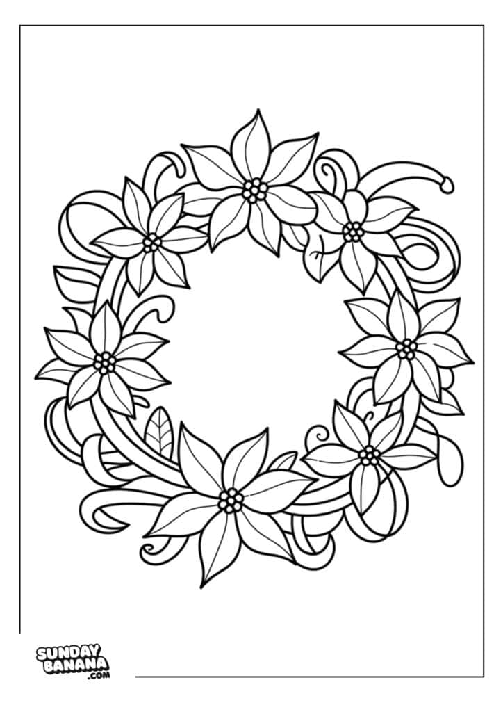 A circular floral wreath with large, simple flowers and swirling leaves, outlined in black for coloring. The wreath is centered on a white background. SUNDAY BANANA.COM is printed in the bottom left corner.