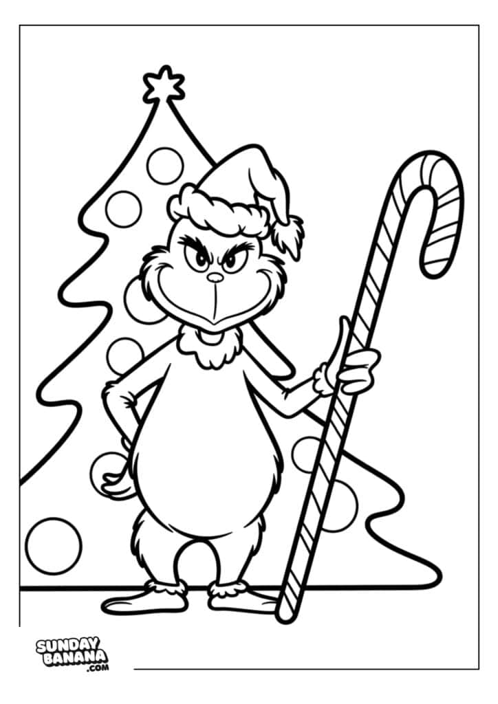 Black-and-white coloring page of the Grinch wearing a Santa hat, standing in front of a decorated Christmas tree, and holding a large candy cane. The Grinch has a mischievous expression, with one hand on his hip.