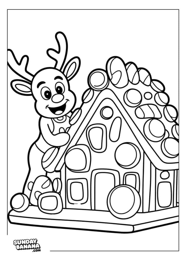 A cartoon reindeer with antlers is smiling and standing beside a large gingerbread house decorated with round candies. The gingerbread house has a door, windows, and is covered with large candy pieces. The image is outlined for coloring.
