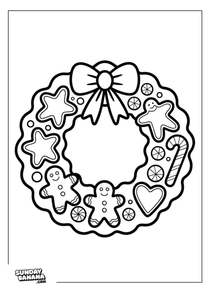A Christmas wreath coloring page features a bow at the top, gingerbread people, star and heart cookies, candies, and a candy cane arranged around the circular wreath. The design is outlined in black with space to color, and there is a “SundayBanana.com” logo in the corner.