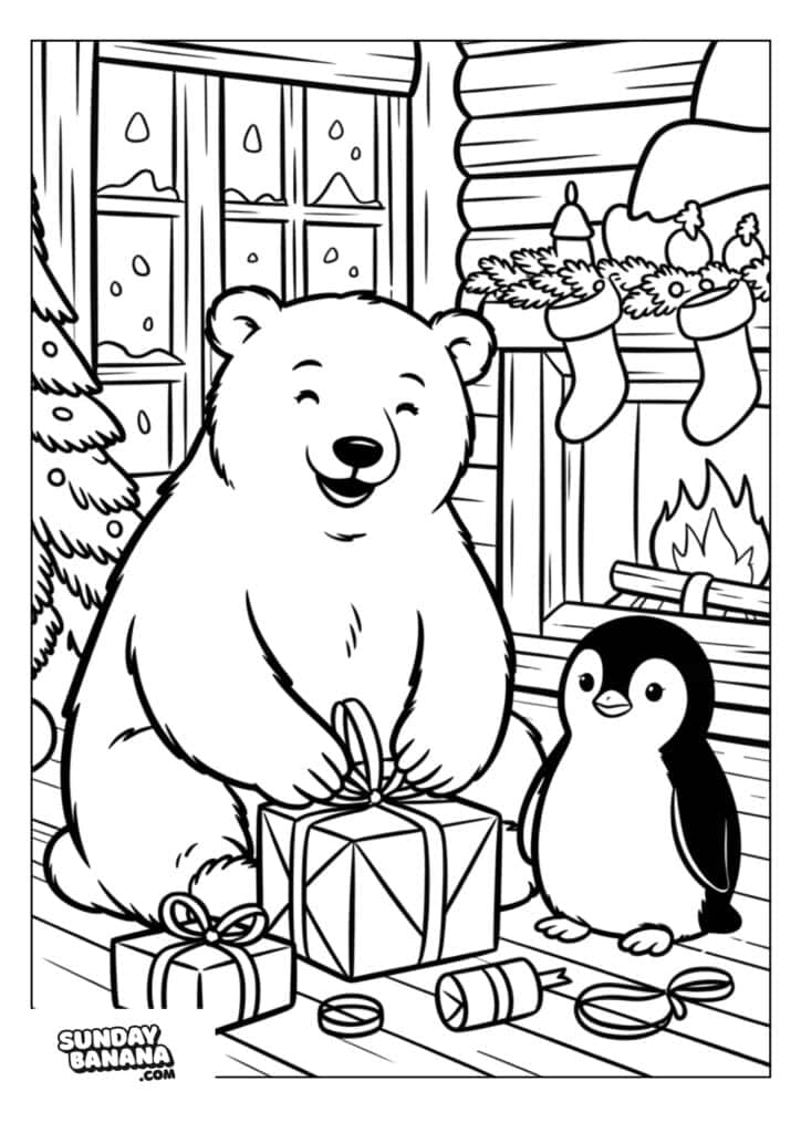 A smiling bear and a penguin sit indoors by a fireplace with stockings, unwrapping presents. A decorated Christmas tree and snowy window are in the background. Wrapping paper and gifts are on the wooden floor. The scene is festive and cozy.