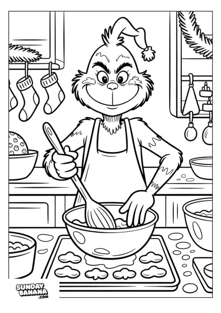 A cartoon Grinch wearing a Santa hat and apron stirs dough in a bowl in a festive kitchen. Cookie shapes are on a tray, and Christmas stockings hang in the background. Holiday decorations add to the cheerful, cozy scene.