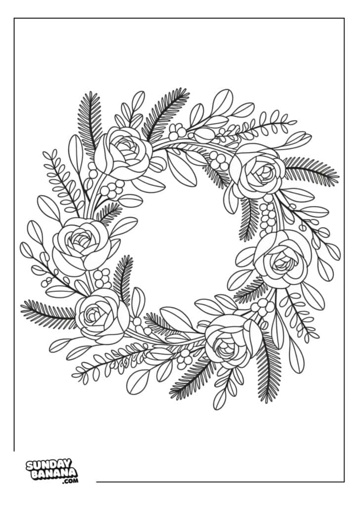 A black-and-white coloring page features a circular floral wreath made of roses, leaves, and berries with detailed line art. The background is plain, and SUNDAYBANANA.COM is written in the bottom left corner.