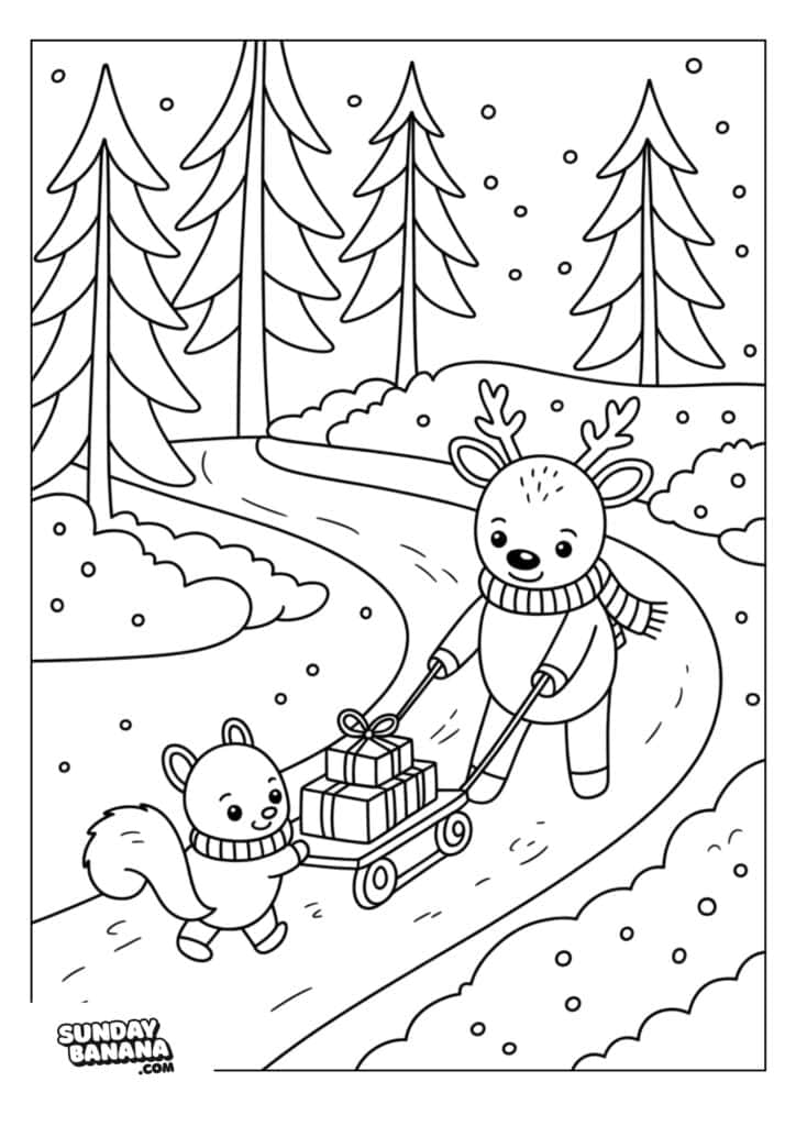 A cheerful reindeer wearing a scarf pushes a sled with gifts, accompanied by a smiling squirrel. They walk on a snowy path through a forest of pine trees, with snow gently falling around them. The scene is outlined for coloring.