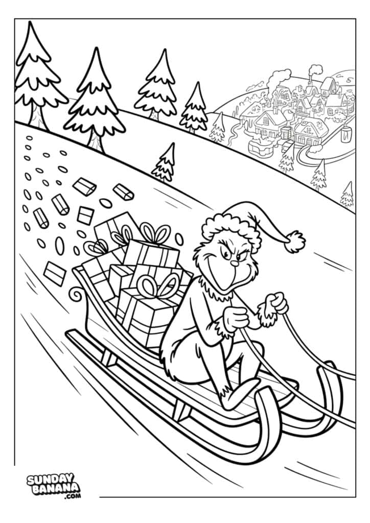 A grumpy character in a Santa hat rides a sled down a snowy hill, holding reins. The sled is full of presents, some falling off. Pine trees line the hillside, and a village with snow-covered roofs is visible in the background.