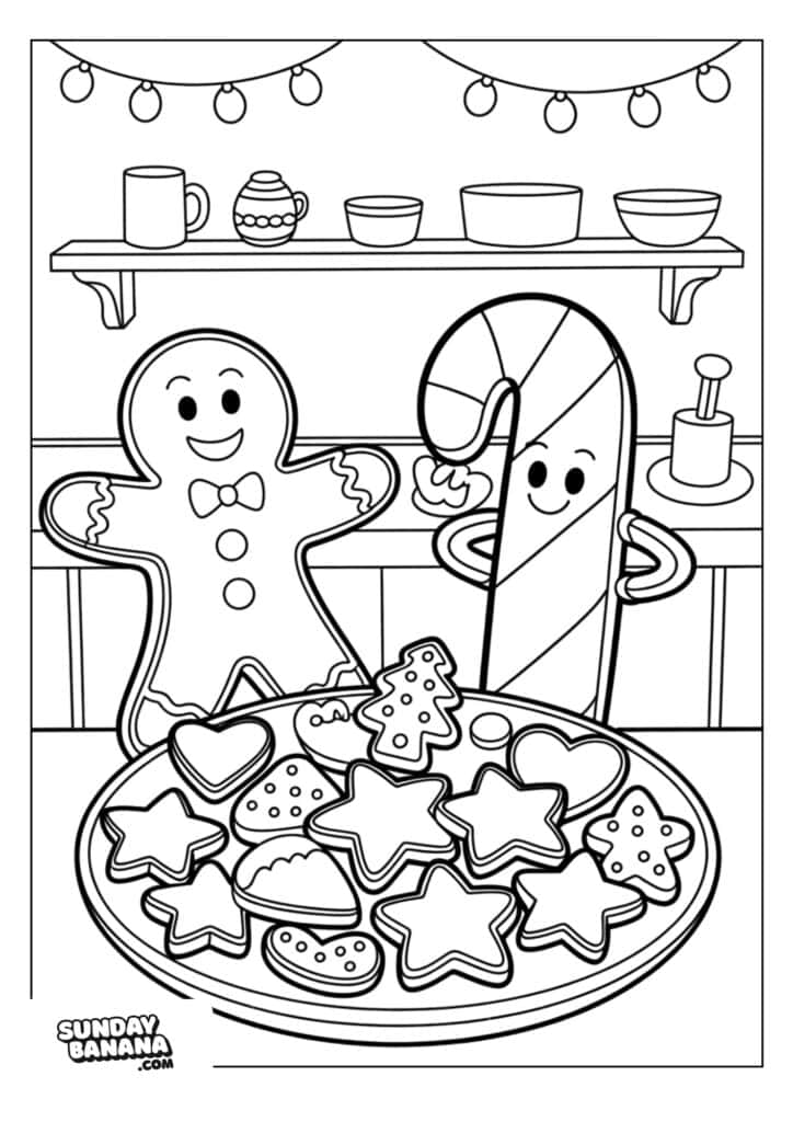 A gingerbread man and a smiling candy cane stand behind a table with a large plate of decorated cookies shaped like stars, hearts, and circles. Kitchen shelves with cups, bowls, and string lights are in the background. The scene is cheerful and festive.