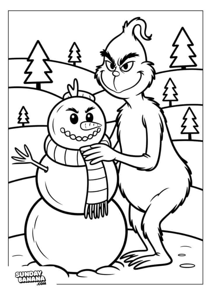 A mischievous Grinch stands beside a smiling snowman wearing a scarf, in a snowy landscape with rolling hills and pine trees. The Grinch has a sly grin and one arm around the snowman. The scene is outlined like a coloring page.