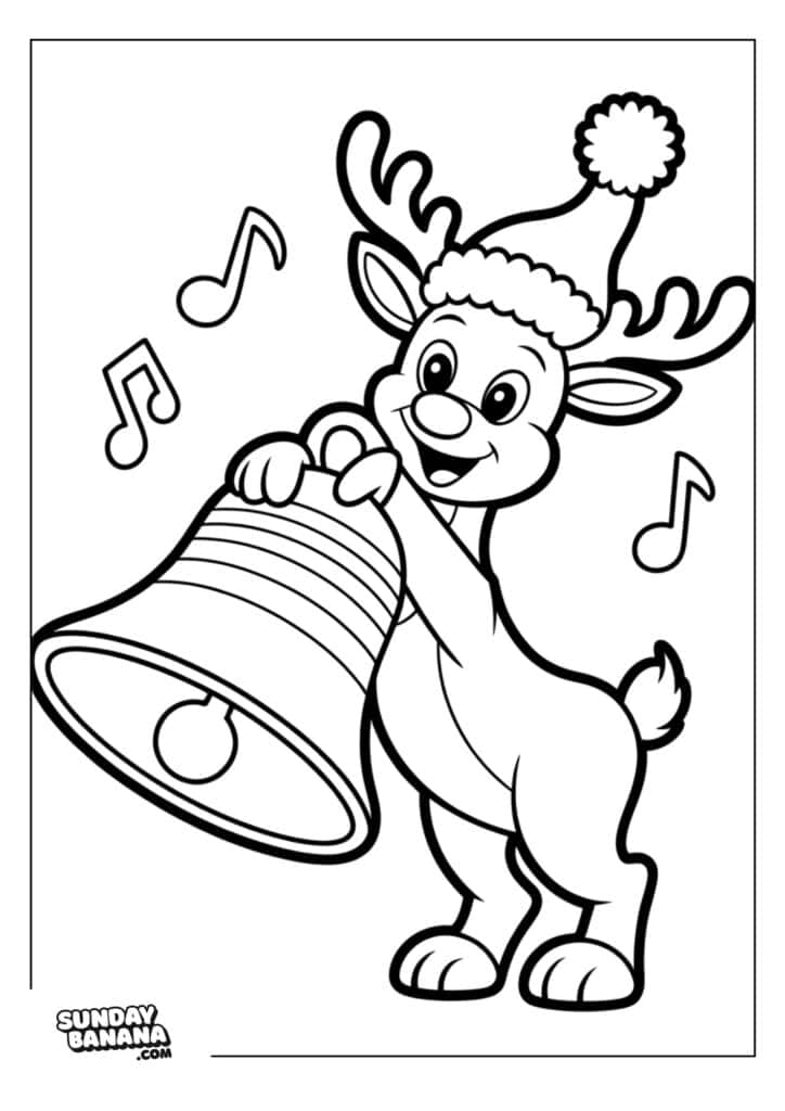 A cheerful cartoon reindeer wearing a Santa hat rings a large bell with a smile. Musical notes float around, suggesting the bell is making music. The image is outlined for coloring and has a festive, holiday theme.