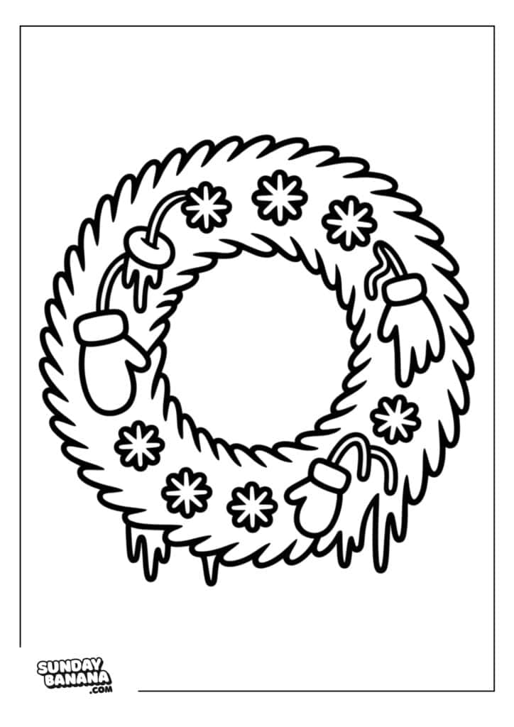 A round holiday wreath with pine-like branches is decorated with five snowflakes and three hanging mittens. The image is a simple black-and-white coloring page with the SundayBanana.com logo in the bottom left corner.