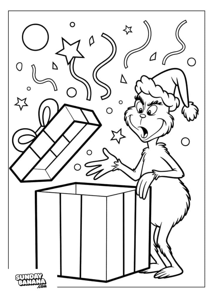 A surprised furry creature in a Santa hat stands next to an open gift box with the lid floating above it. Confetti, stars, and ribbons fill the festive background. The cartoon is outlined in black and white, ready to be colored.