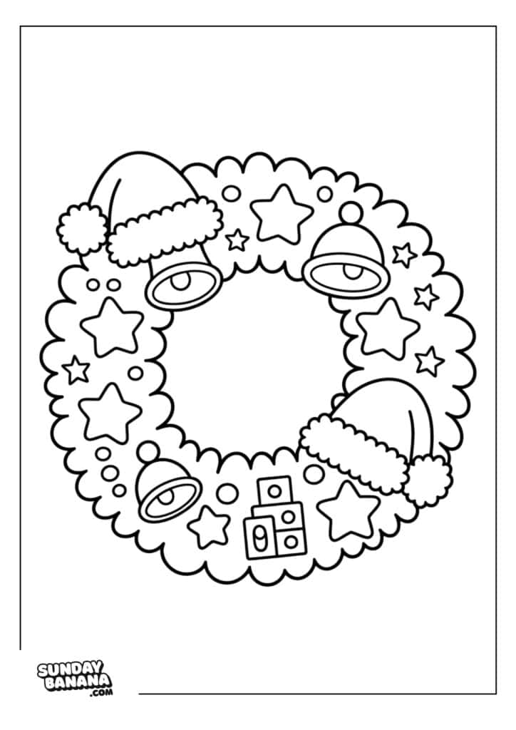 A round Christmas wreath coloring page, decorated with stars, bells, Santa hats, and small gift boxes. The wreath has a scalloped edge and an empty center, with a simple double border. The image is outlined in black and white.