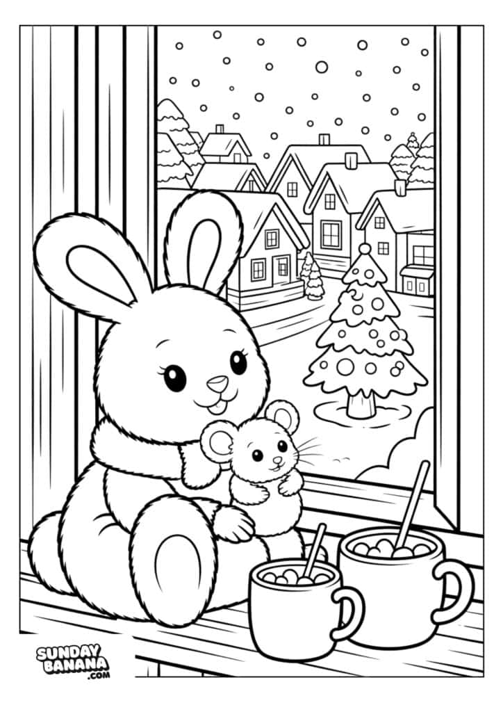 A cute bunny and a small mouse sit together, holding each other, by a window. Outside, snow falls on houses and a decorated Christmas tree. Two mugs of hot chocolate with marshmallows are on the windowsill. The scene feels cozy and festive.