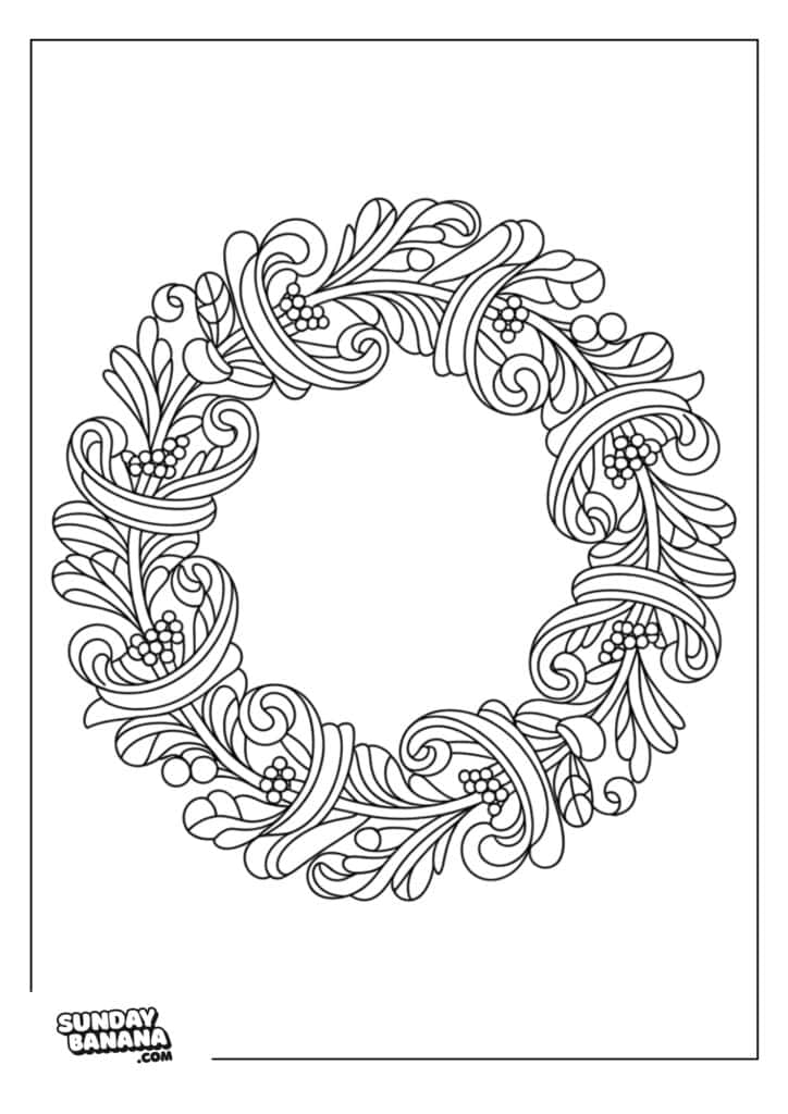 A black-and-white coloring page shows a decorative, circular wreath with layered ribbons, berries, and leaves. The intricate, swirling design offers blank spaces for coloring. A small SundayBanana.com logo appears in the bottom left corner.