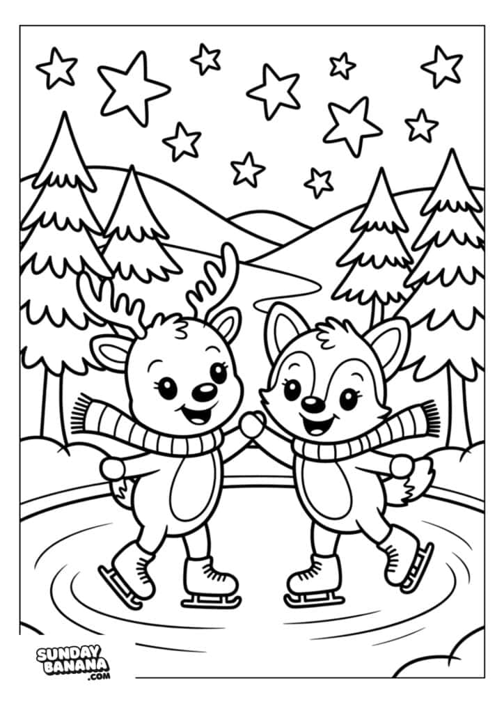 Two cute cartoon animals, a reindeer and a fox, are ice skating together on a frozen pond. Both wear scarves and smile happily. Snowy pine trees and stars fill the background, with hills and a sky above. The scene is cheerful and winter-themed.