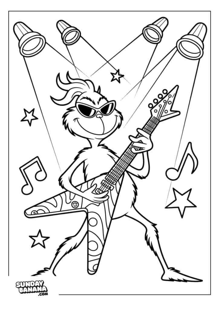 A cartoon character with fluffy fur, a beak-like nose, and sunglasses rocks out on an electric guitar under three spotlights, surrounded by musical notes and stars. The character stands confidently with a wide stance and a big grin.