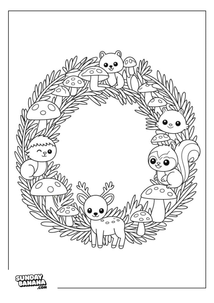 A circular wreath made of leaves, mushrooms, and acorns frames the page. Cute woodland animals—a bear, fox, squirrel, hedgehog, and deer—sit among the wreath. The image is outlined for coloring. SundayBanana.com is in the bottom left corner.