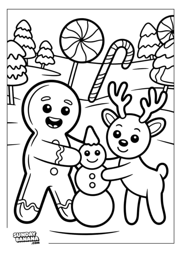 A gingerbread person and a smiling reindeer build a snowman in a snowy landscape with decorated trees, a large candy cane, and a giant lollipop. The scene is playful and festive, suitable for coloring. SundayBanana.com is at the bottom left.