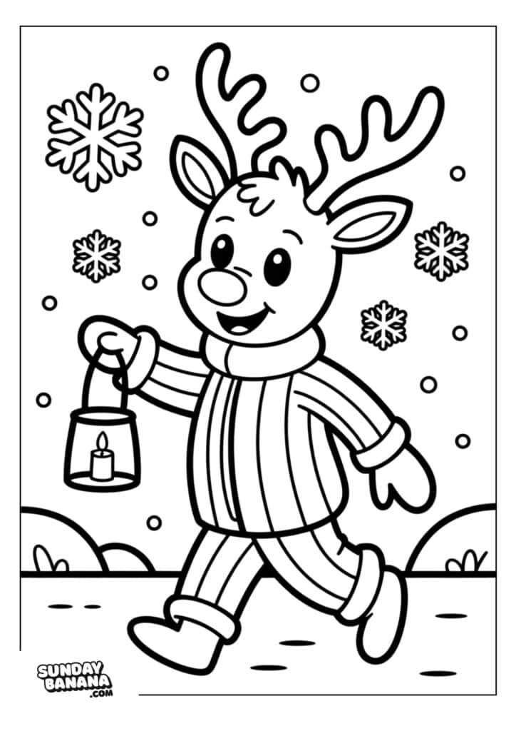A cheerful cartoon reindeer wearing striped pajamas walks in the snow, smiling and holding a lantern with a lit candle. Snowflakes and snow dots fall around, and rolling hills are seen in the background. The image is outlined for coloring.