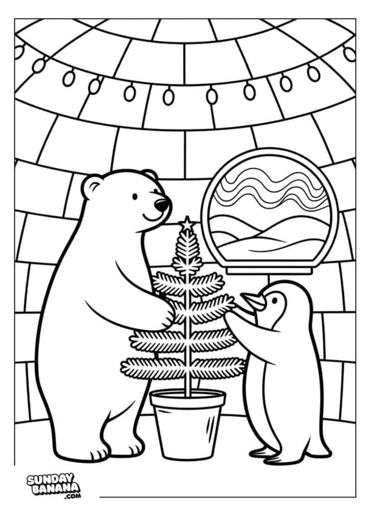 A bear and a penguin decorate a small potted Christmas tree inside an igloo. String lights hang above, and a round window shows snowy mountains outside. The igloo walls have a brick pattern. The image is outlined for coloring.