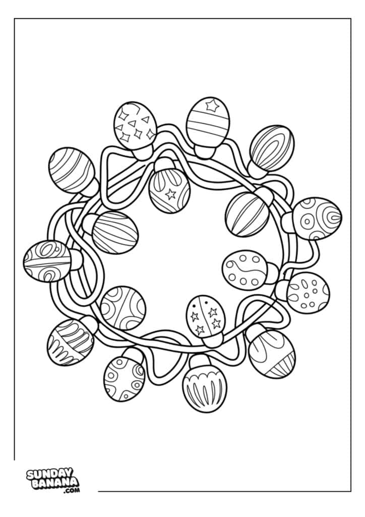 A wreath made of Christmas lights, each bulb decorated with patterns such as stripes, stars, wavy lines, and dots. The lights are arranged in a circular shape with a loose wire connecting them. The image is black and white, suitable for coloring.