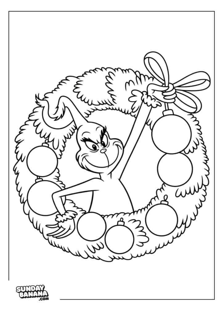 A mischievous Grinch stands inside a large Christmas wreath, grinning slyly. He holds the top of the wreath with one hand, decorated with hanging ornaments and a big bow. The wreath features classic holiday baubles and fluffy sections.