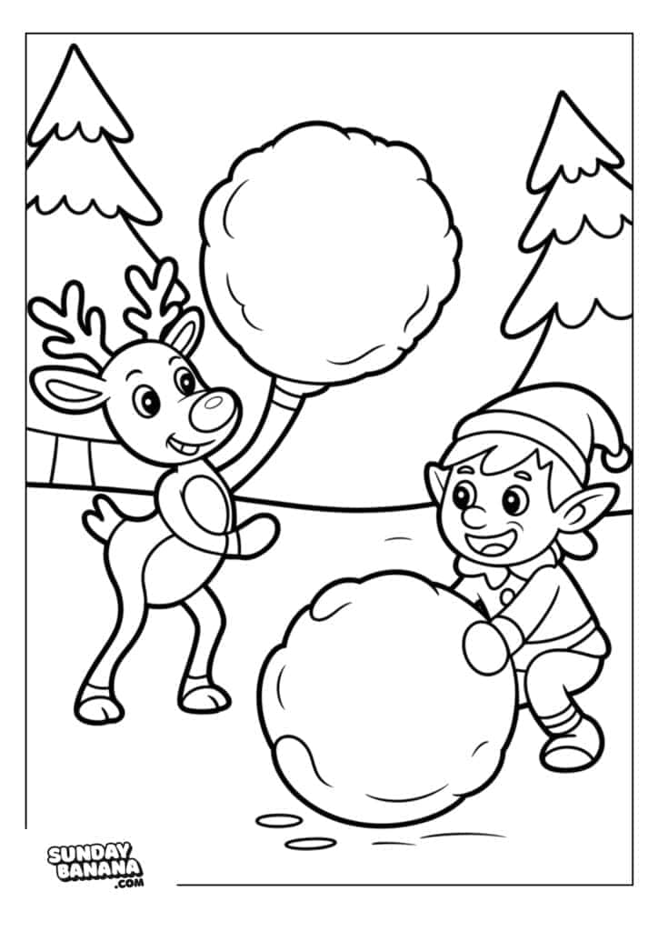 A cheerful reindeer and a smiling elf play with giant snowballs outside. The reindeer stands on two legs holding a snowball above its head, while the elf crouches beside another large snowball. Pine trees stand in the snowy background.