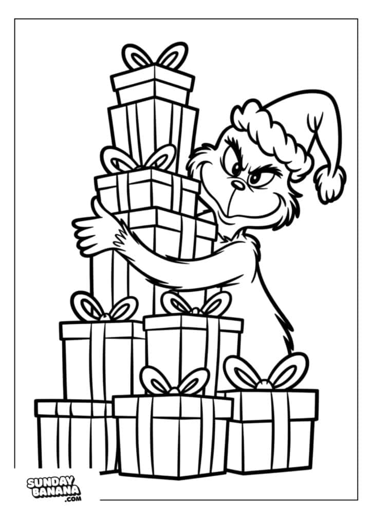 A cartoon character resembling the Grinch, wearing a Santa hat, hugs a tall stack of wrapped presents with bows. The image is a black-and-white coloring page. The gifts are neatly piled, and the Grinch has a sly, mischievous expression.